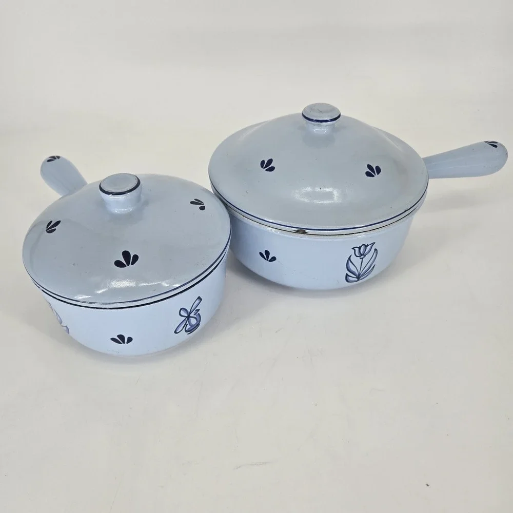 Vintage DRU Holland Blue Enamel Saucepan Set With Lids Tulip MCM Cookware 6