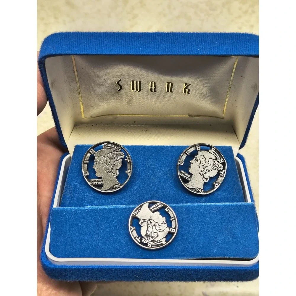 Vintage Swank Cufflinks & Tie‎ Tack Set w/ Mercury Dime Design 1945 w/ Box