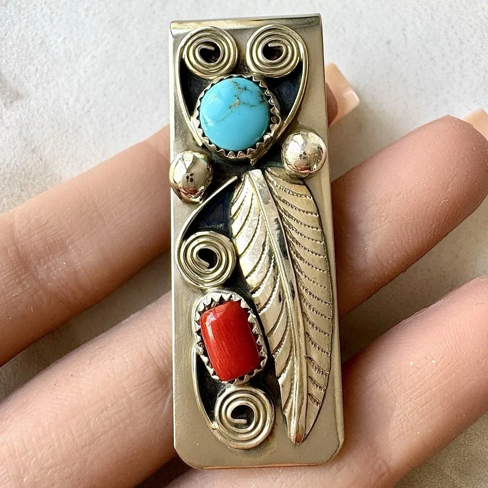 Navajo Natural Turquoise Coral Money Clip Silver 2in Mens Gift Handmade Arviso