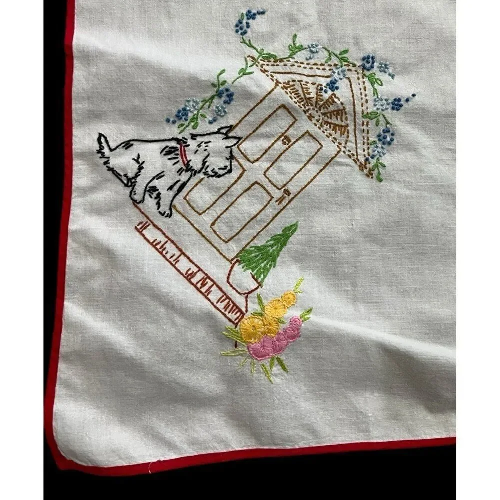 Hand Embroidered Scottish Terrier Bridge Card Table Tablecloth Scottie Dog