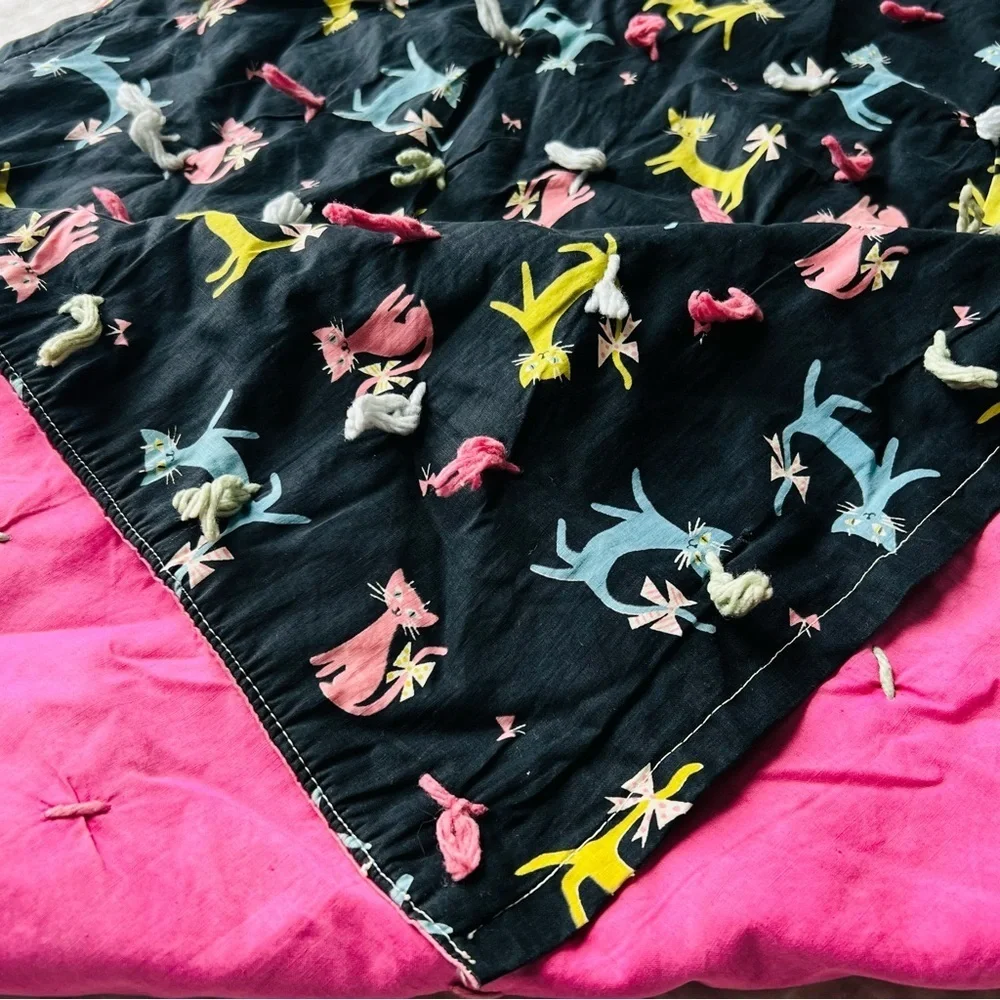 Vintage Handmade Cotton Quilt. Quilted throw for cat lovers.