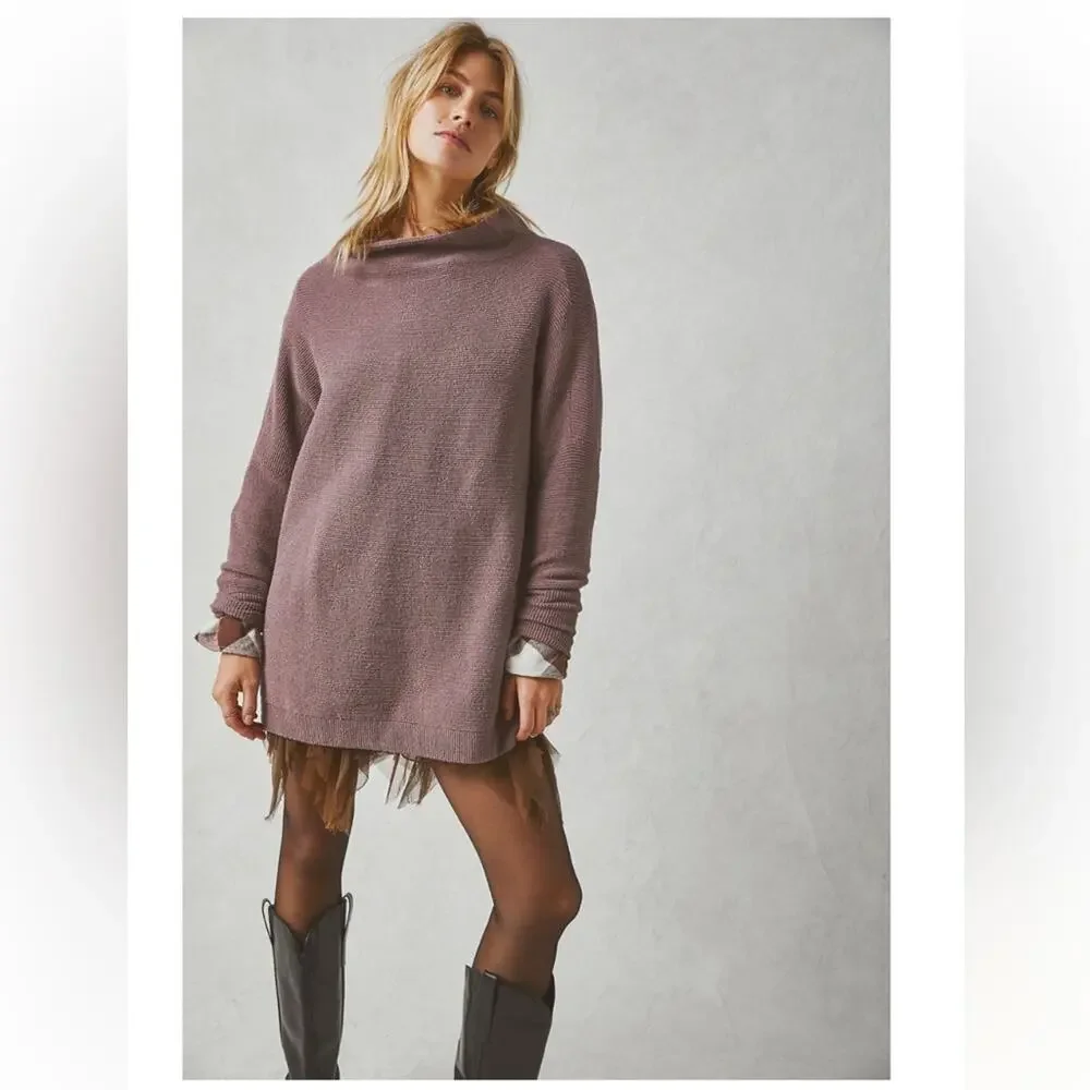 FREE PEOPLE Women's Mock Neck Oversized Cotton Ottoman Sweater in Nutmeg XS