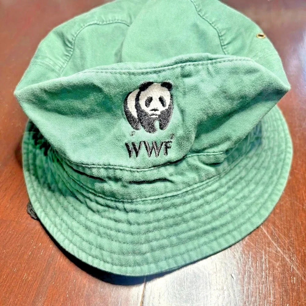 World Wildlife Fund WWF Panda Logo Bucket Hat Green Cotton Chin Strap Vintage