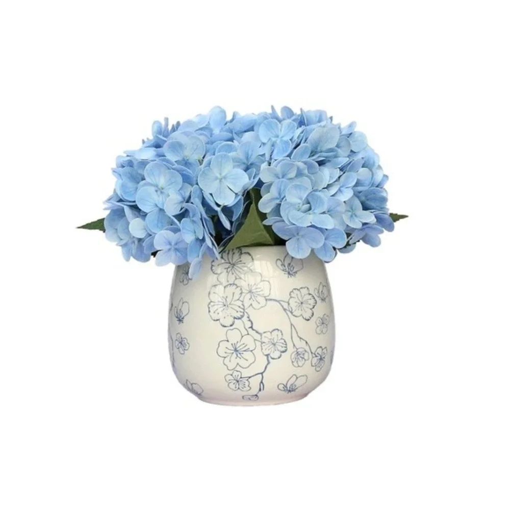 My Texas House Faux Hydrangeas Floral Vase, Blue White 9.5in • NWT