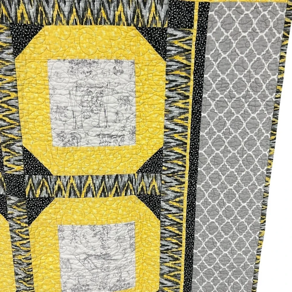 Handmade Modern Yellow Black Quilt Throw 52x54 Lap Size‎