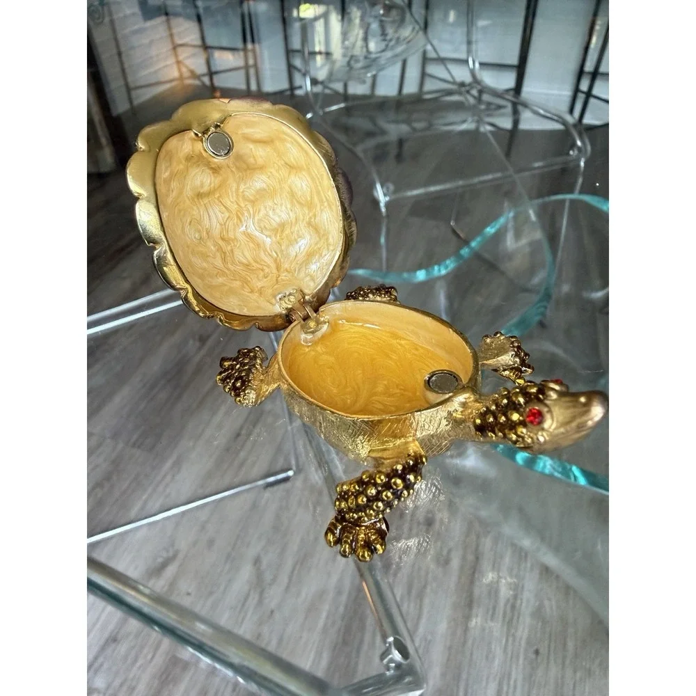 Jeweled Enamel Turtle Trinket Box Hinged Magnetic Pill Box Rhinestone Gold Tone