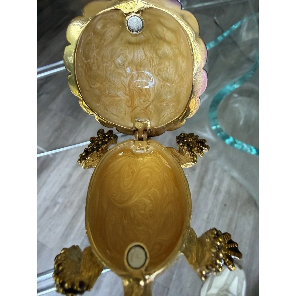 Jeweled Enamel Turtle Trinket Box Hinged Magnetic Pill Box Rhinestone Gold Tone