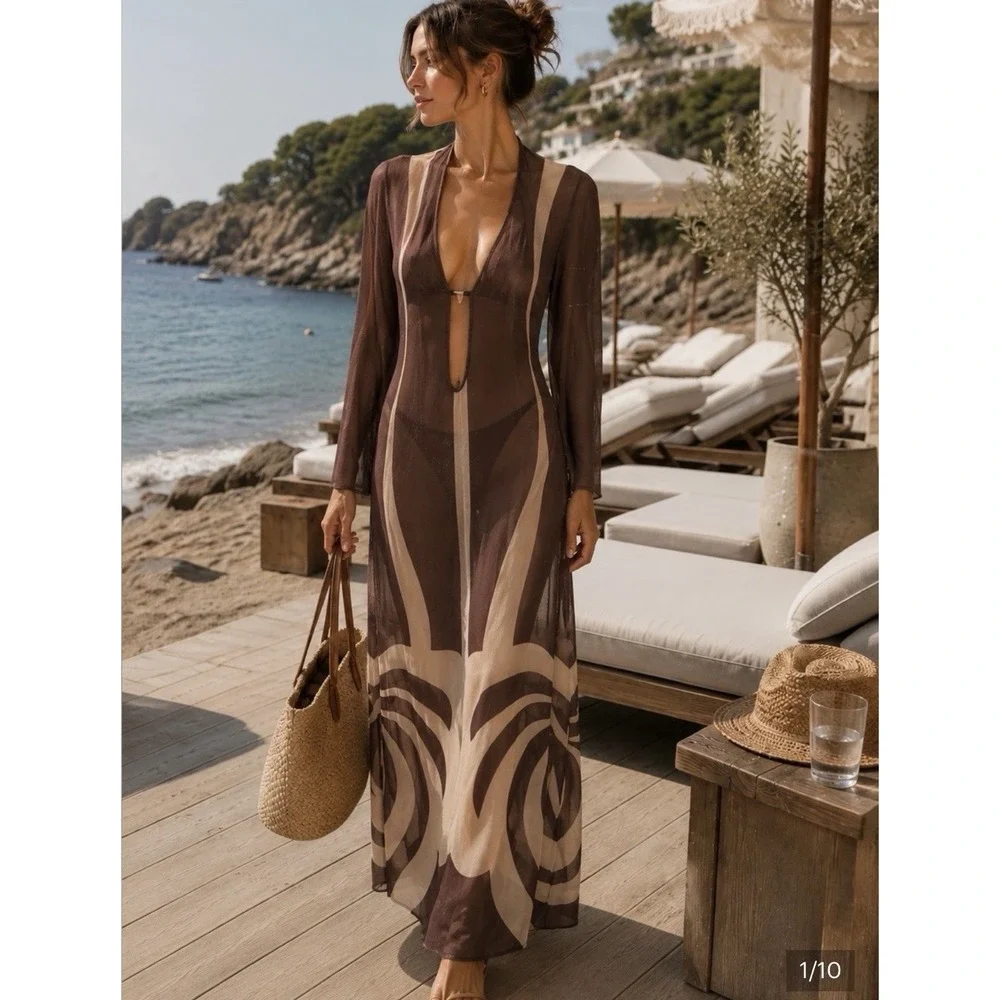 Caroline Constas Sheer Mesh Cover Up Maxi Dress Brown Cream Large NWT