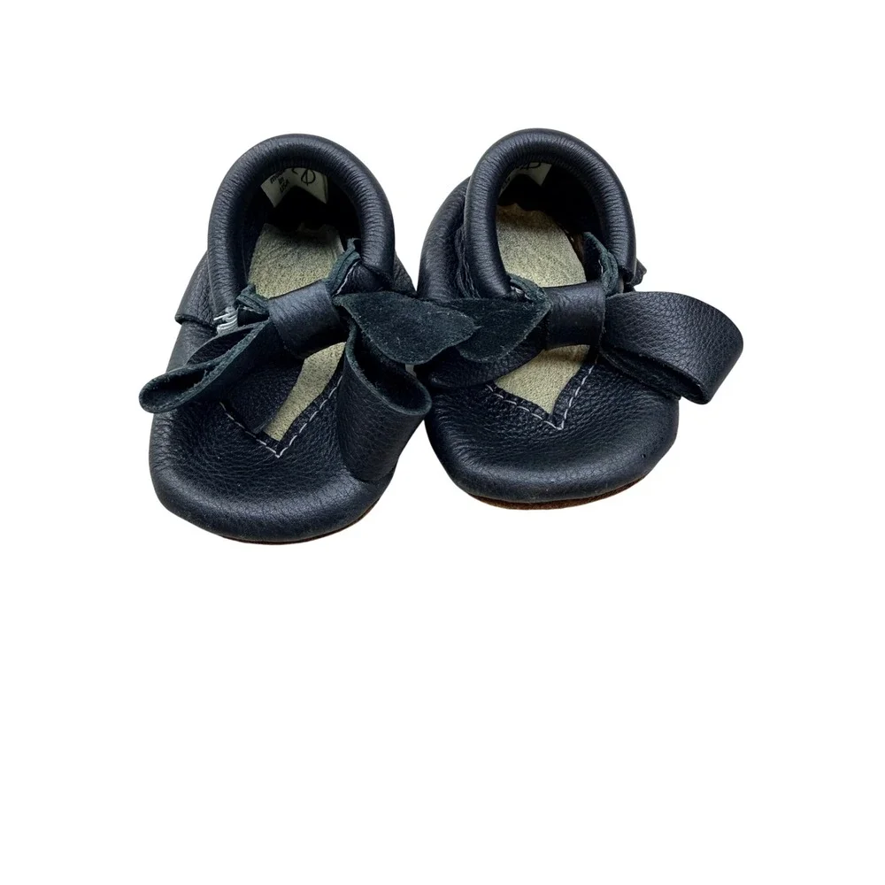 Infant Black Leather Bow Moccasins Soft Sole Baby Shoes Size 3/4 4.75 Inch sole