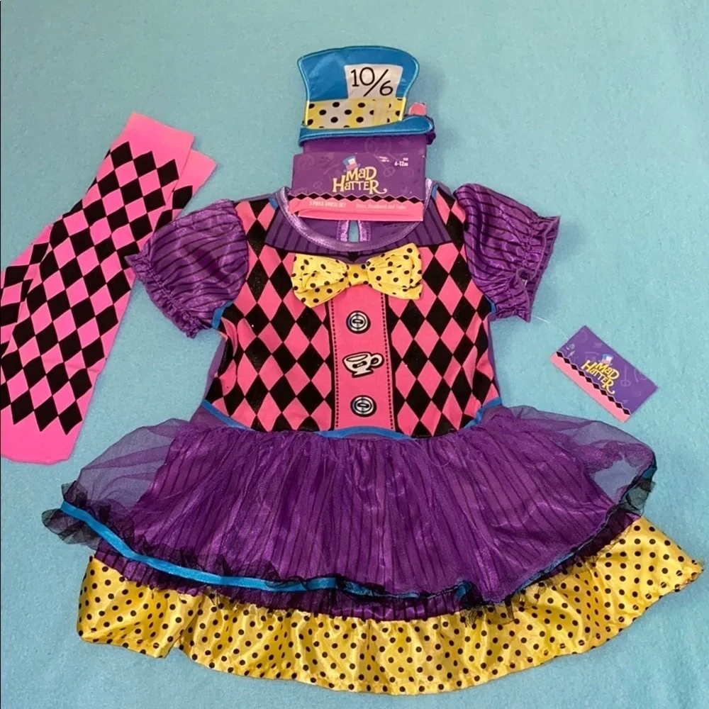 SPIRIT Mad Hatter halloween costume purple yellow pink blue NEW size 6-12 months