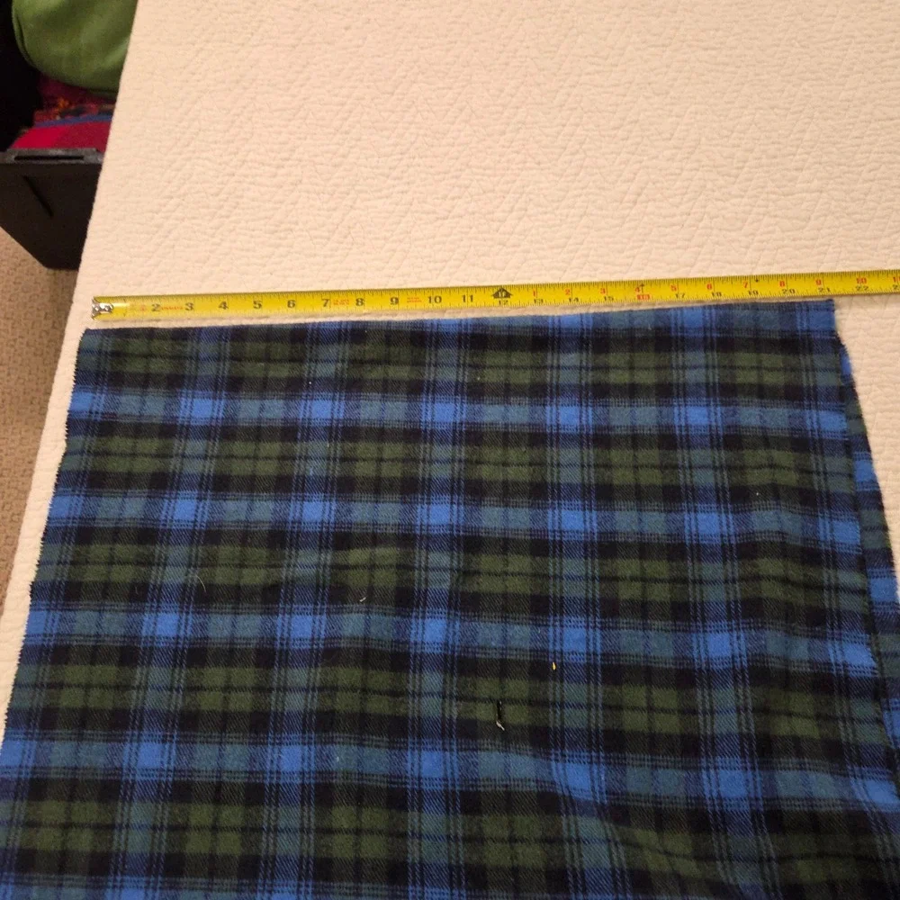 Blue Green Plaid Tartan Wool Fringed Scarf Fabric Remnant Black Watch Style