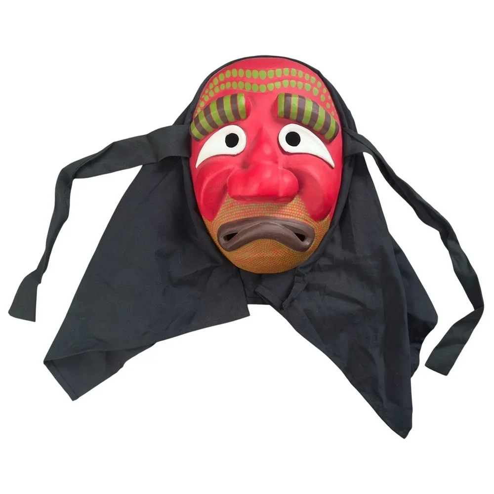 Traditional Korean Wooden Face Mask with Hood Hand Carved Red Old Monk