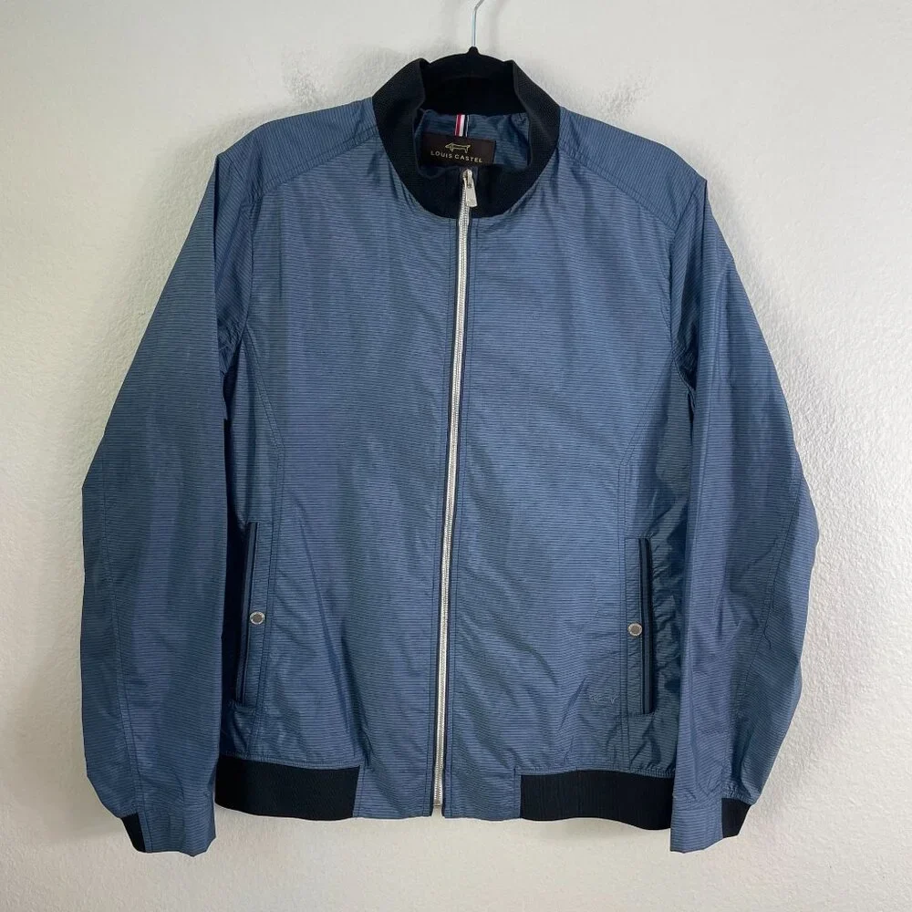 Louis Castel Mens‎ 100 Medium Lightweight Blue Nylon Bomber Jacket Zip Up