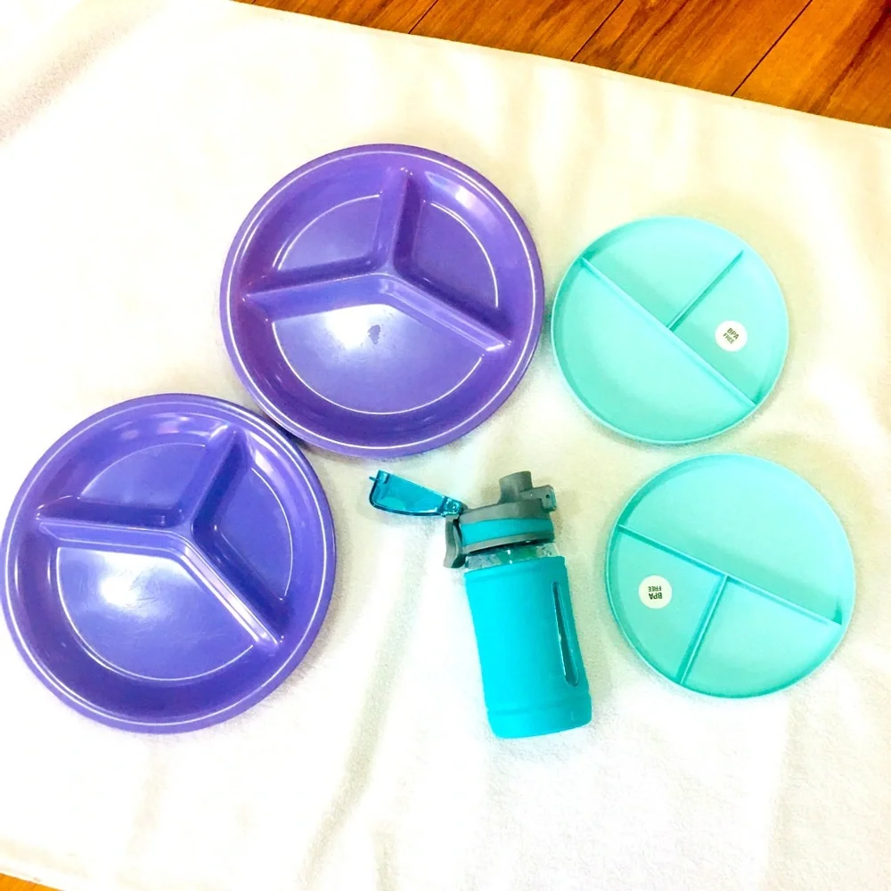 Child divider plates and water bottle kitchen purple teal baking …