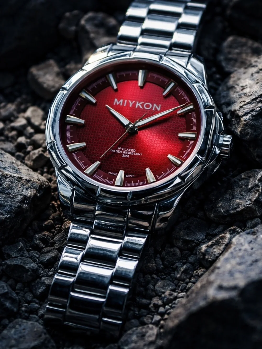 Miykon Men's Silver Quartz Dress Watch - Red Dial, Water Resistant 30M