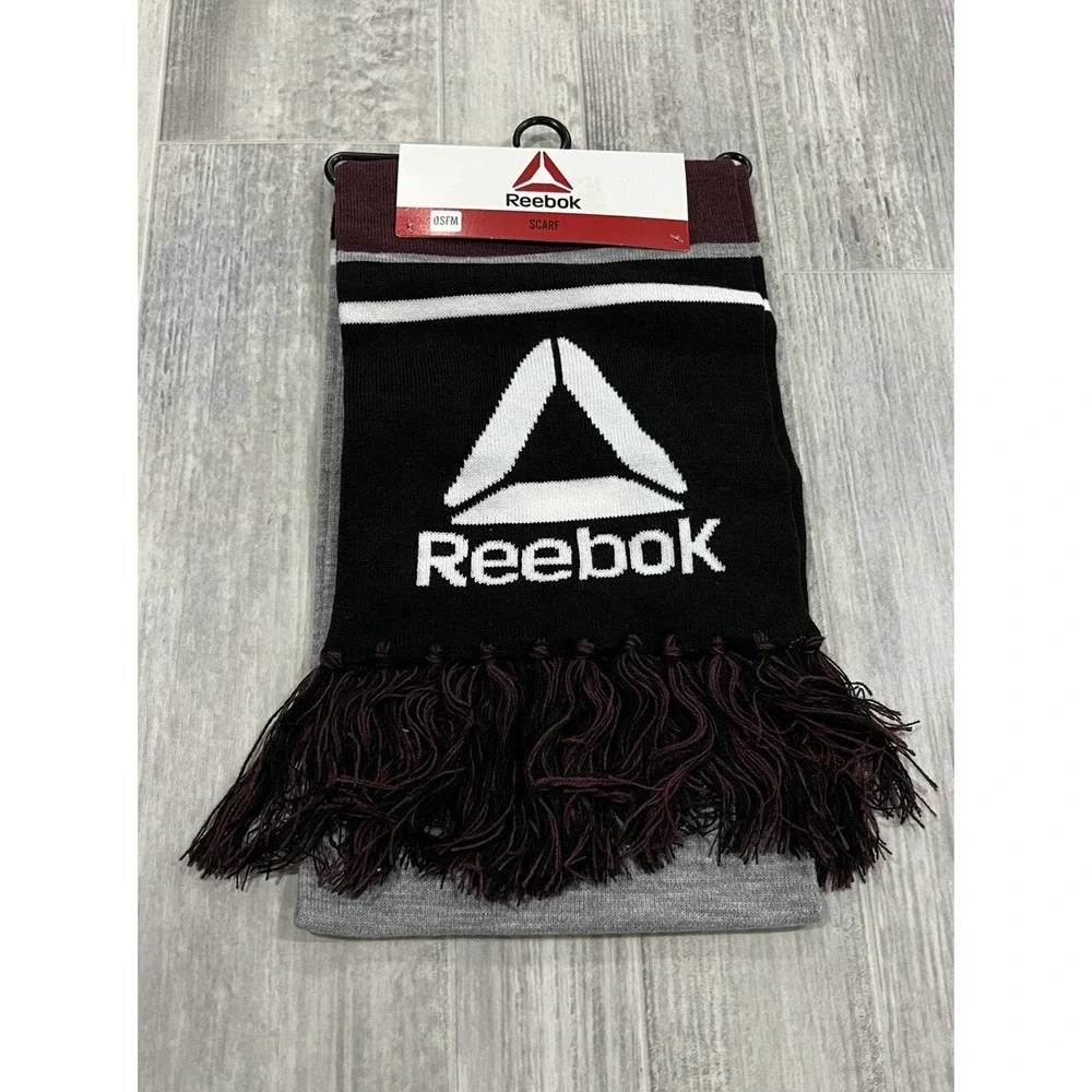 Reebok Scarf with Fringe Gray Wine Black White Logo SOFT Recycled‎ Material NEW