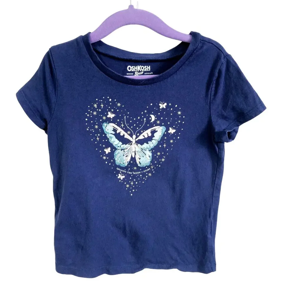 OshKosh Girls 5 Short Sleeve Butterfly Graphic Tee Blue Stars Moon Fairycore