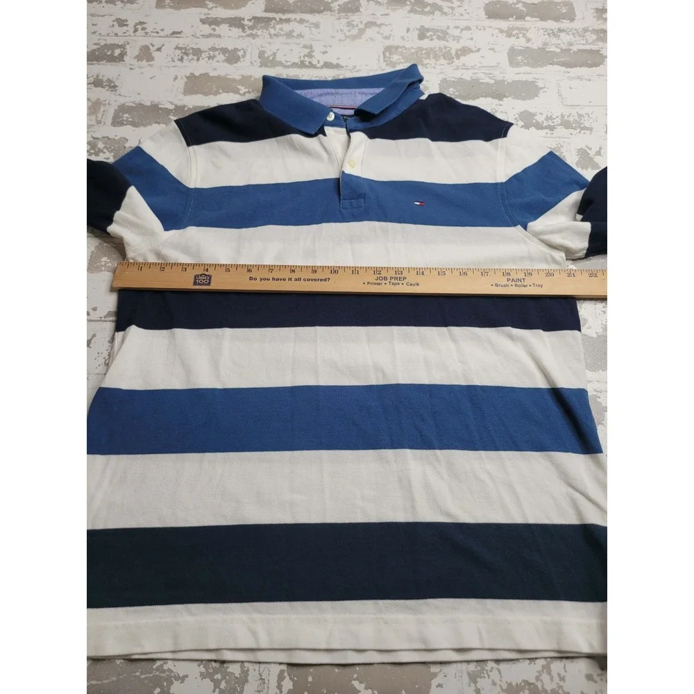 Tommy Hilfiger Long Sleeve Rugby‎ Polo Shirt Blue Stripe Men's L 100% Cotton