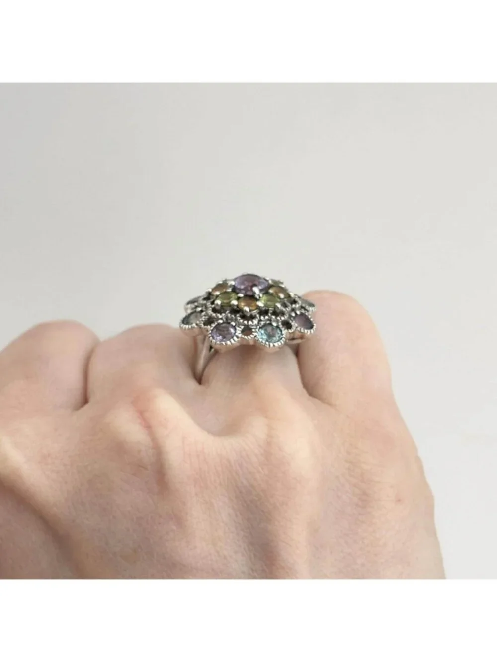 Cluster Rainbow Gemstone Blooming Flower Sterling Silver 925 Vintage Ring - sz 6