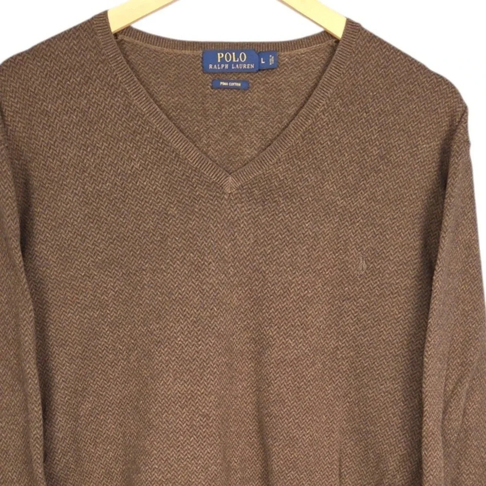 Polo Ralph Lauren Sweater‎ Mens Large Brown V-Neck Pima Cotton Herringbone Knit