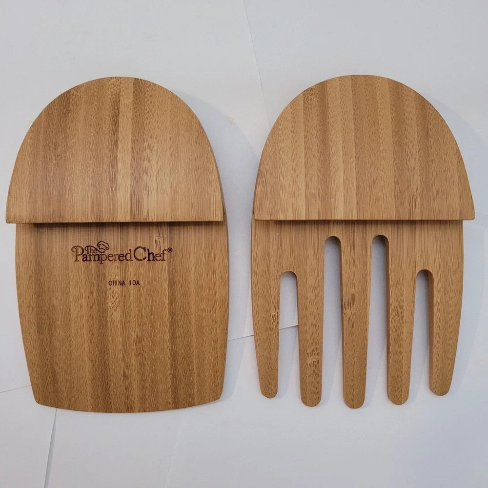 Pampered‎ Chef Bamboo Salad Hands Servers Unisex Brown Wood Tossing Tools 10A