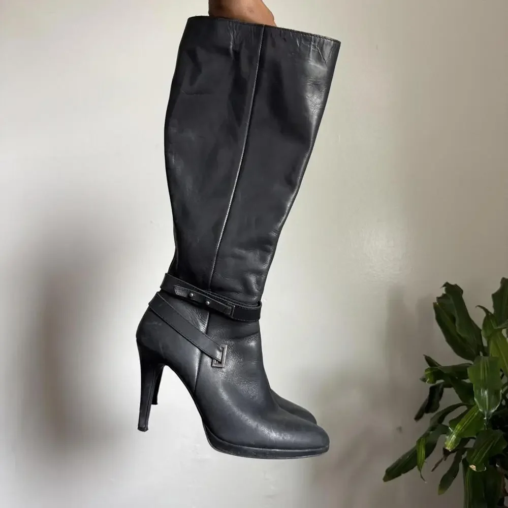 Vintage‎ Black knee-high side zip leather boots with side buckle size 10