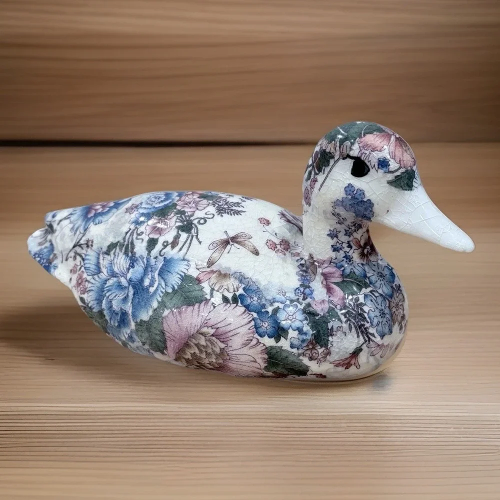 Vintage Floral Chintz Duck Figurine Decoupage Mallard Decoy Blue Pink Botanical