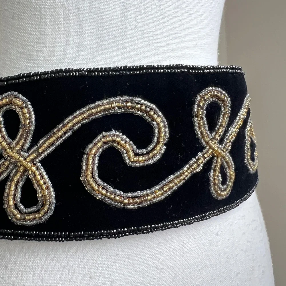 Vintage 90s Beaded Velvet Waist Belt Black Metallic Ornate Statement Chunky Wide