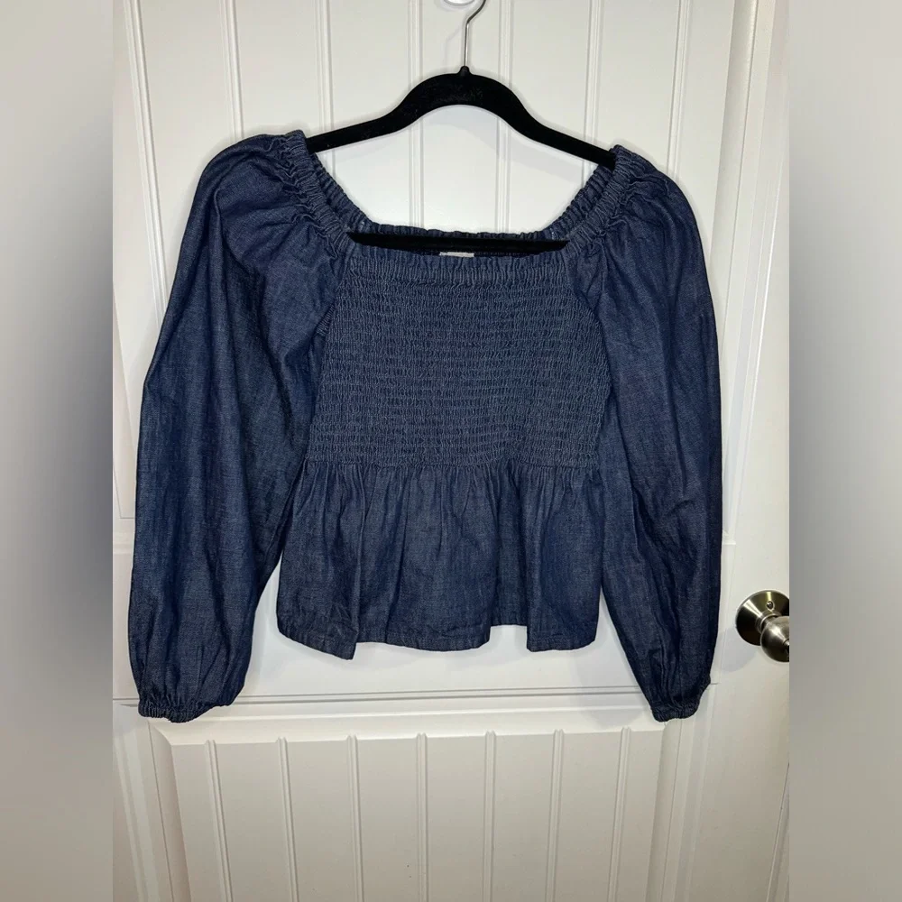 J Crew Long Puff Sleeve Chambray Top Dark Wash Smocked Top