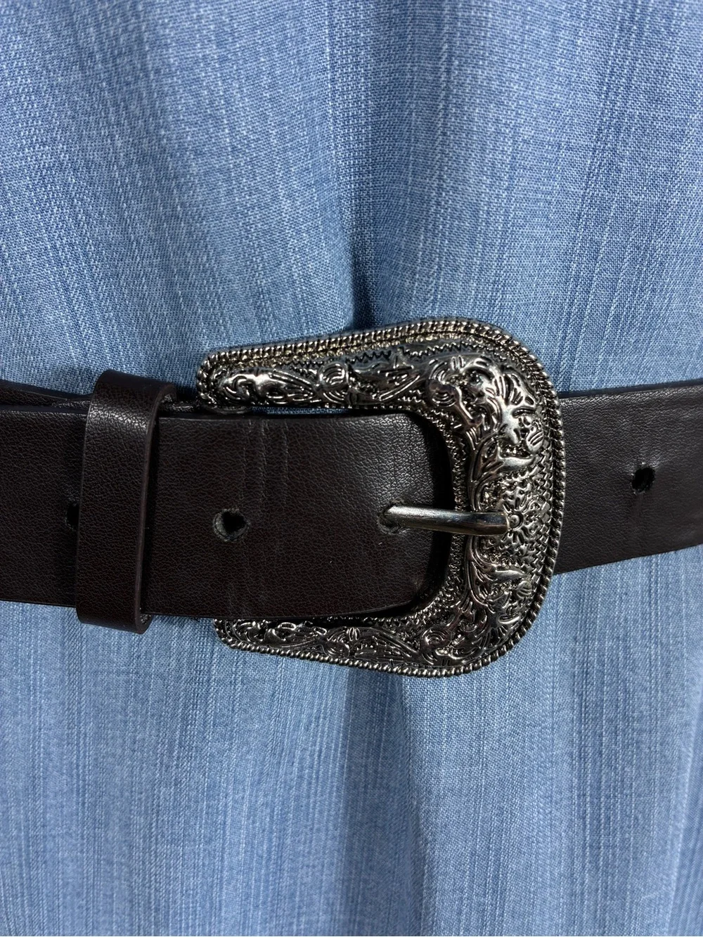 Womens belt 47” long faux Leather Western chocolate brown carved Silver Buckle
