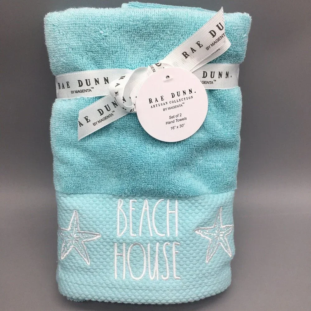 x6 Rae Dunn BEACH HOUSE Starfish Terry Bathroom Hand Towel Set Turquoise NEW