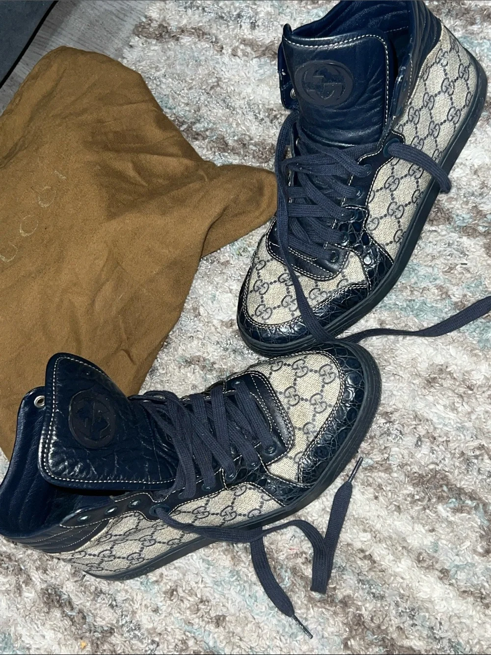 Gucci Navy Leather & Beige GG High-Top Sneakers