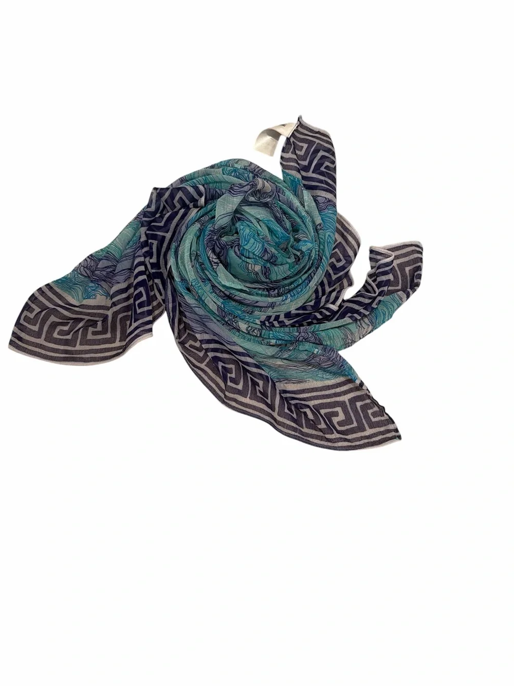 H&M Blue Teal Sheer Sarong Scarf Greek Key Beach Cover Up 4x6