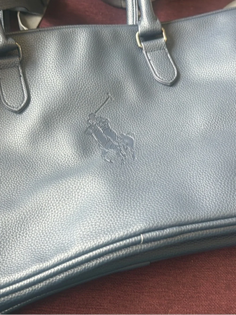 Ralph Lauren Navy Blue Pebbled Leather Tote with Embossed Polo Logo
