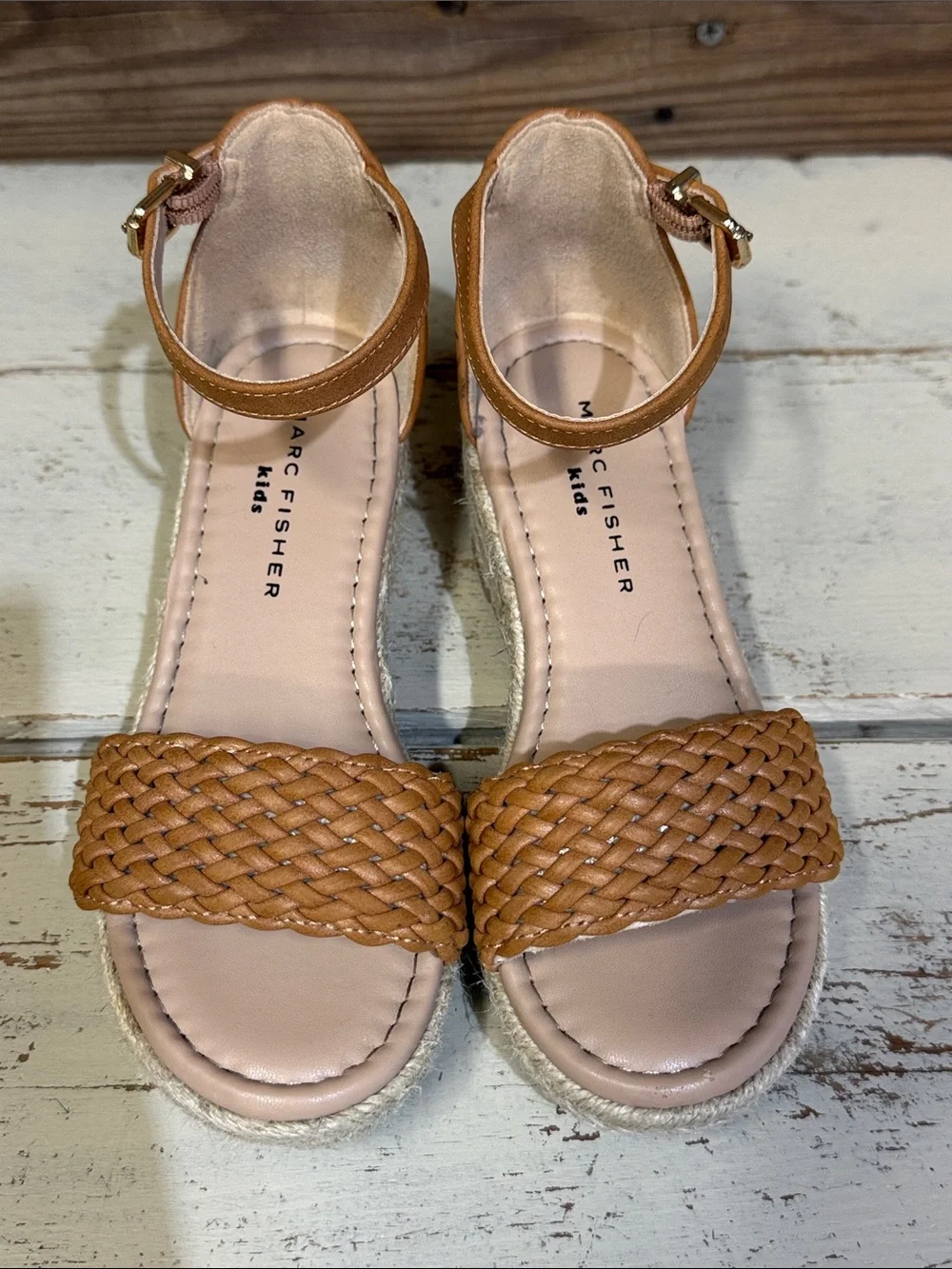 Marc Fisher Tan Woven Espadrille Wedge Sandal with Ankle Strap