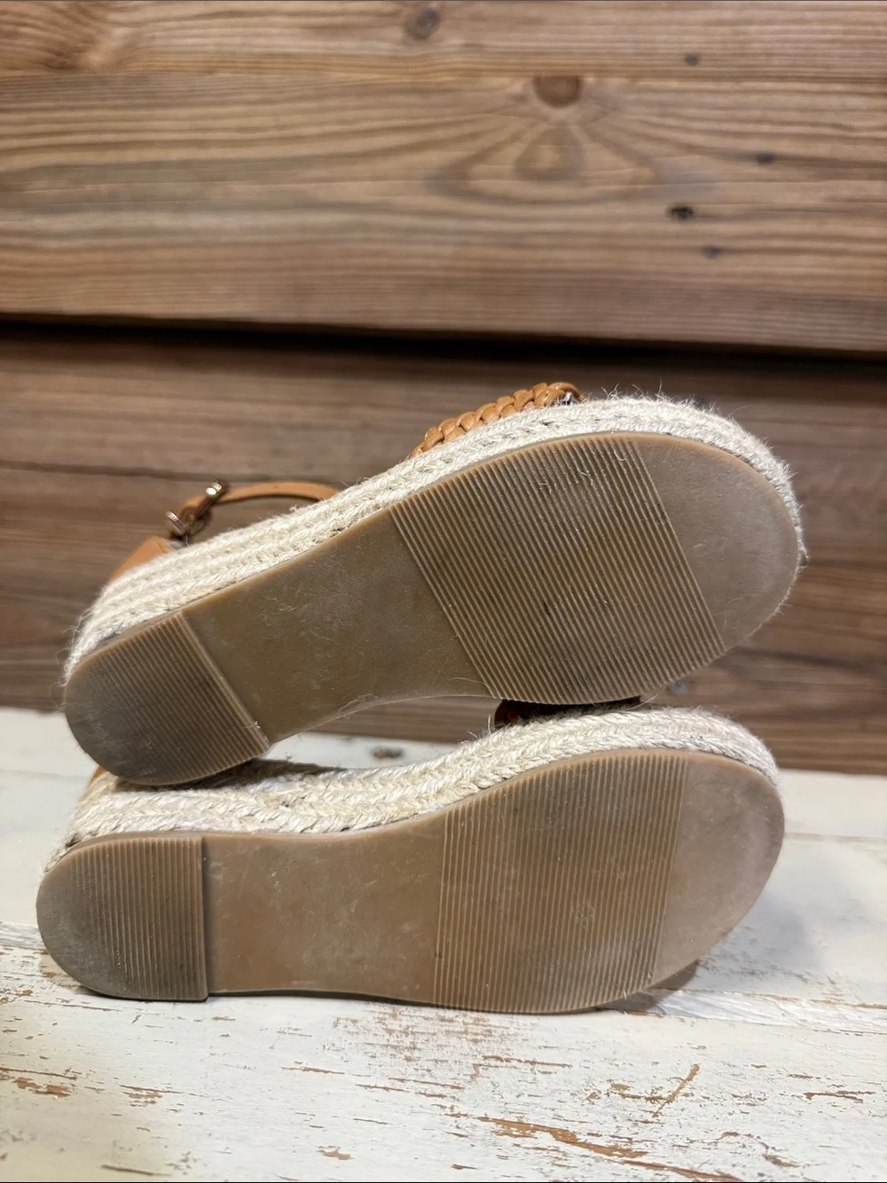 Marc Fisher Tan Woven Espadrille Wedge Sandal with Ankle Strap