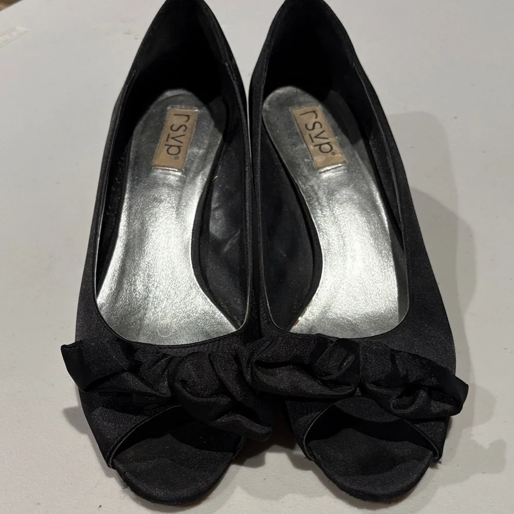 RSVP - Black Peep Toe Heels with Ruffle Detail. Size 11.