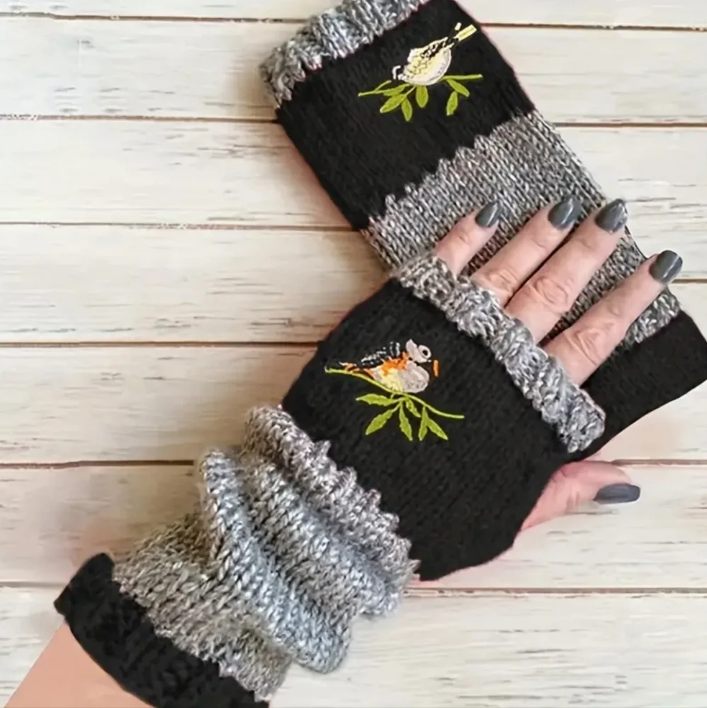 Gift Fall Winter Black and gray embroidered birds fingerless gloves (#1,045)(D)‎