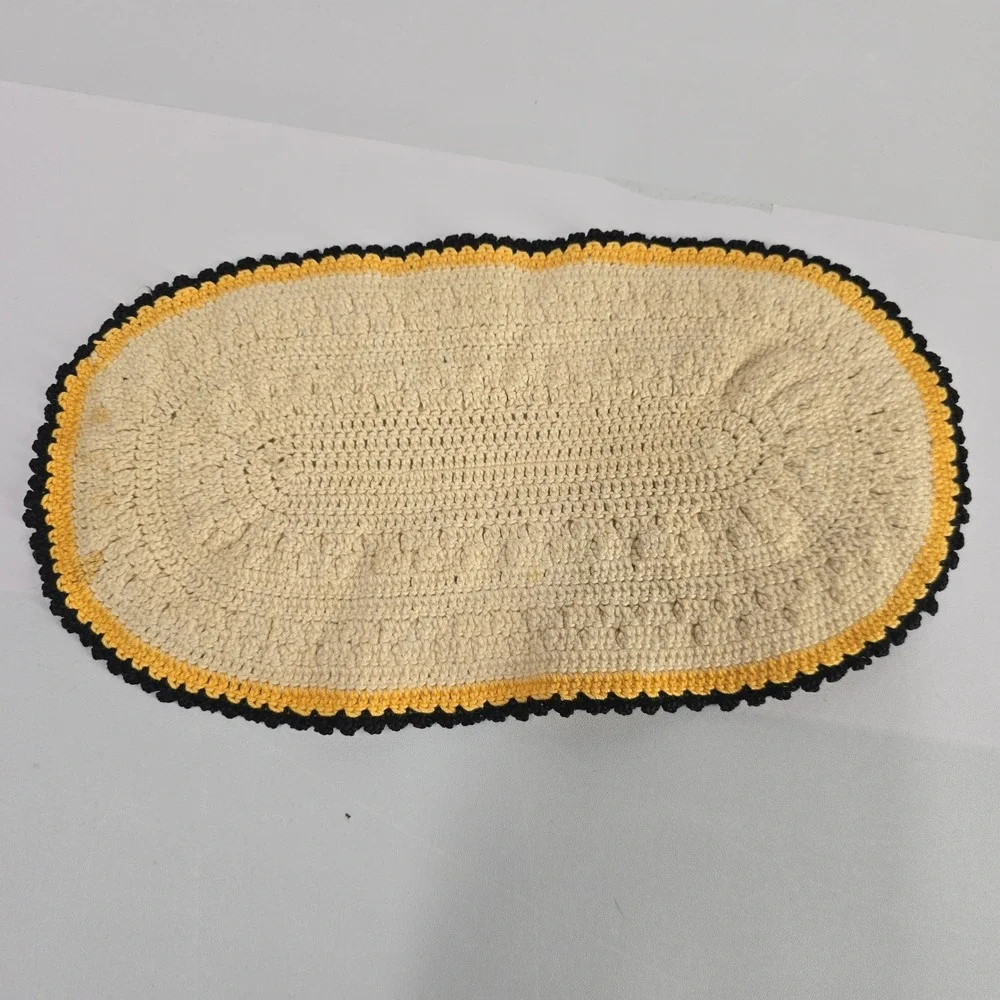 Vintage Small Oval Crochet Rug Cream Yellow Black Bobble Textured Accent‎ Mat