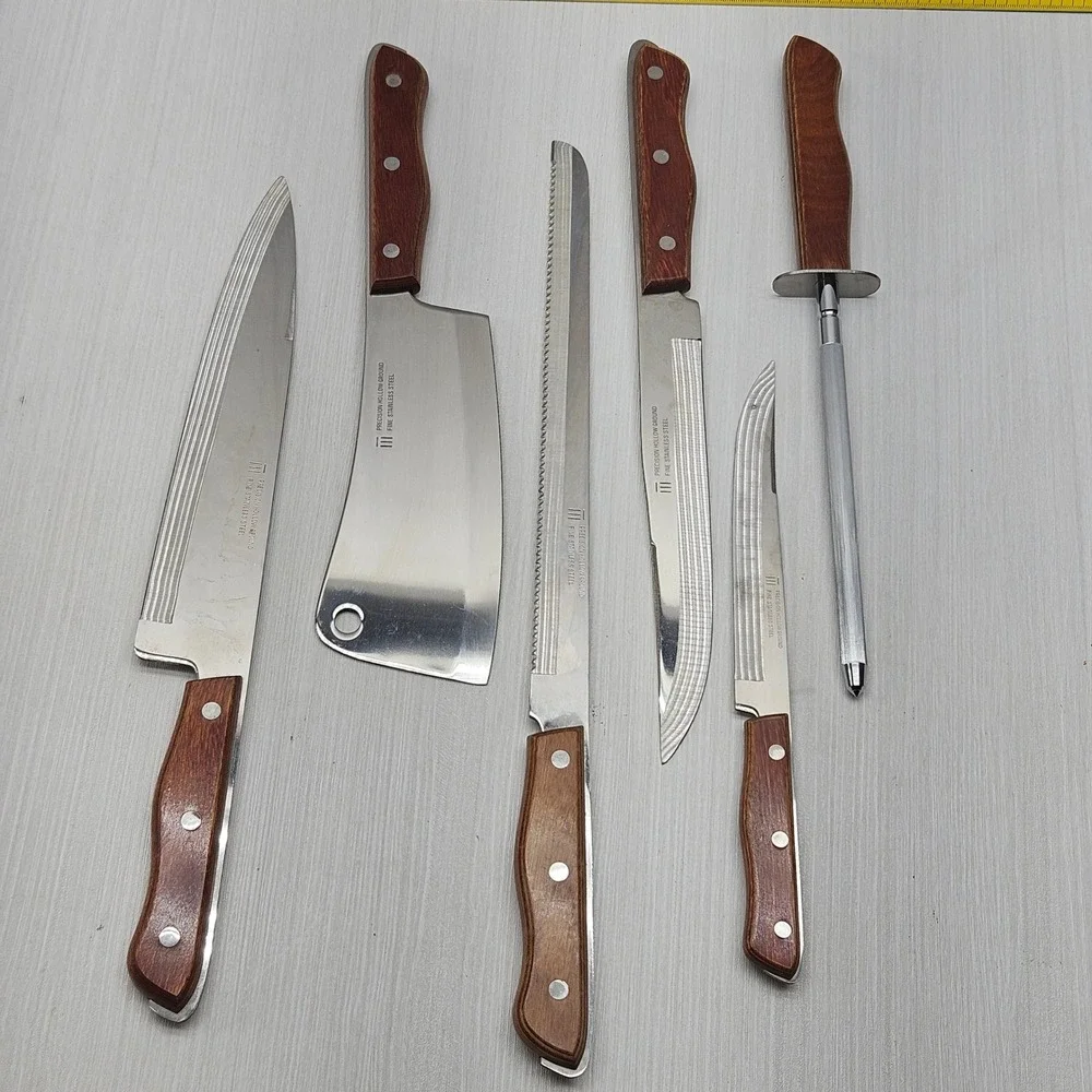 Vintage Precision Hollow Ground Stainless Steel Knife Set 6pc Cleaver Wood