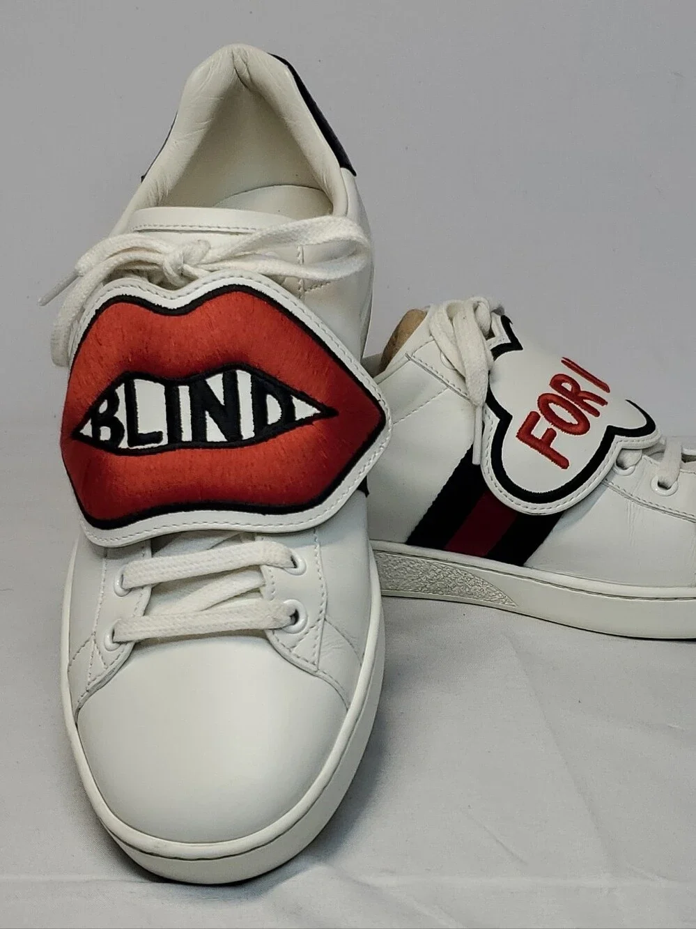 Gucci Ace Blind for Love White Leather Low Top Lace-Up Sneakers Red/Blue Mens 7
