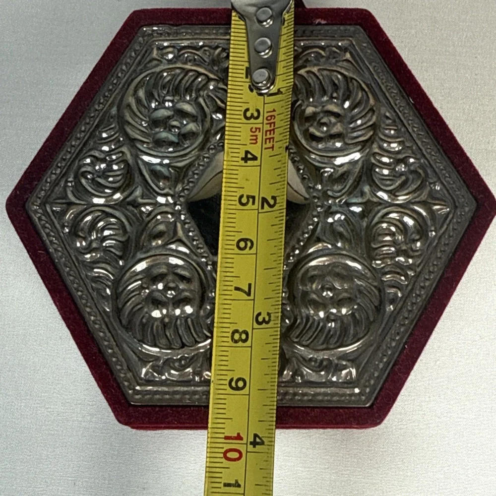 Vintage Red Velvet Embossed Silver Plated Hexagon Jewelry Trinket Box‎ 4