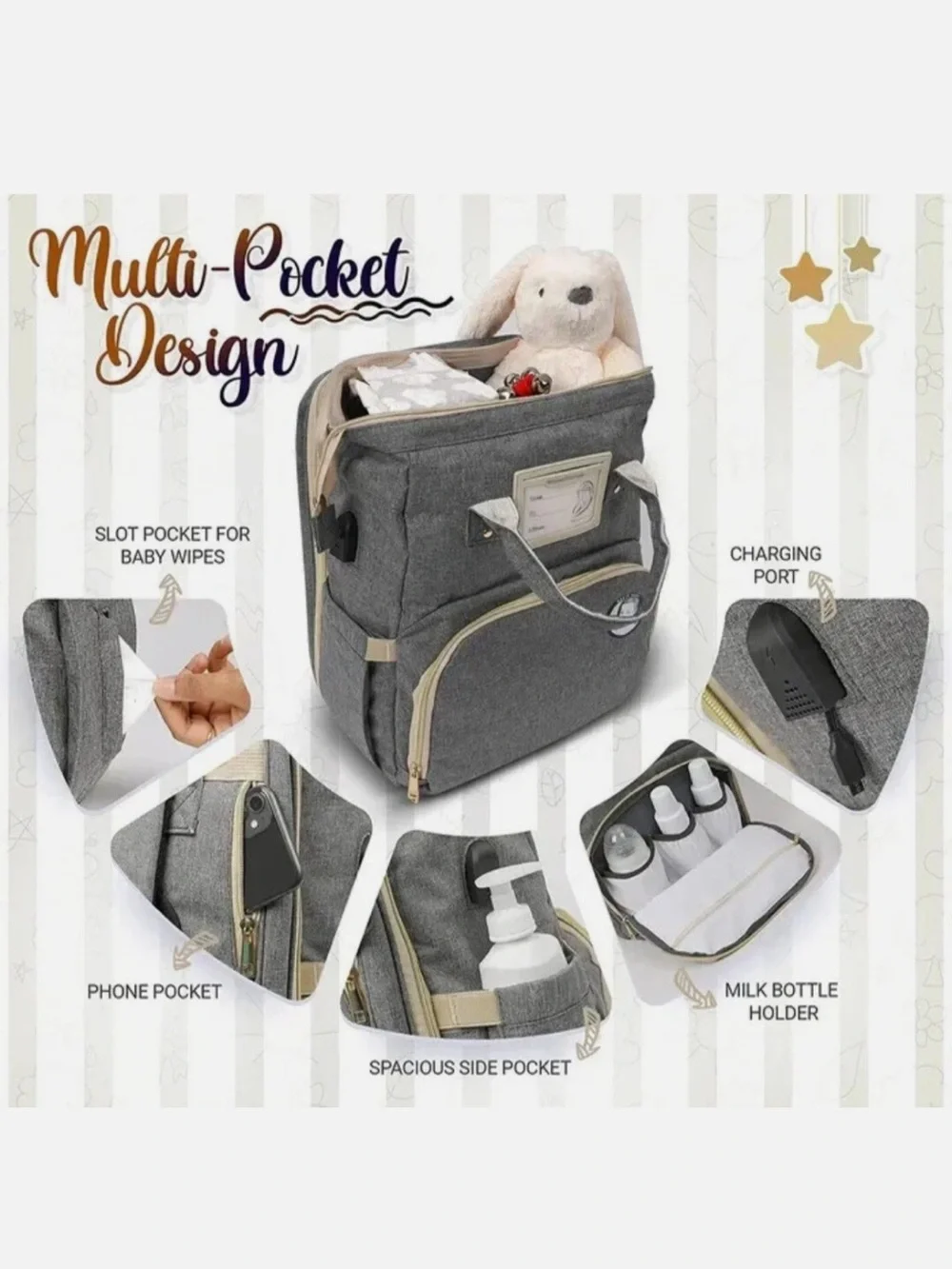 Modern Grey Oxford Diaper Bag with Blush Trim