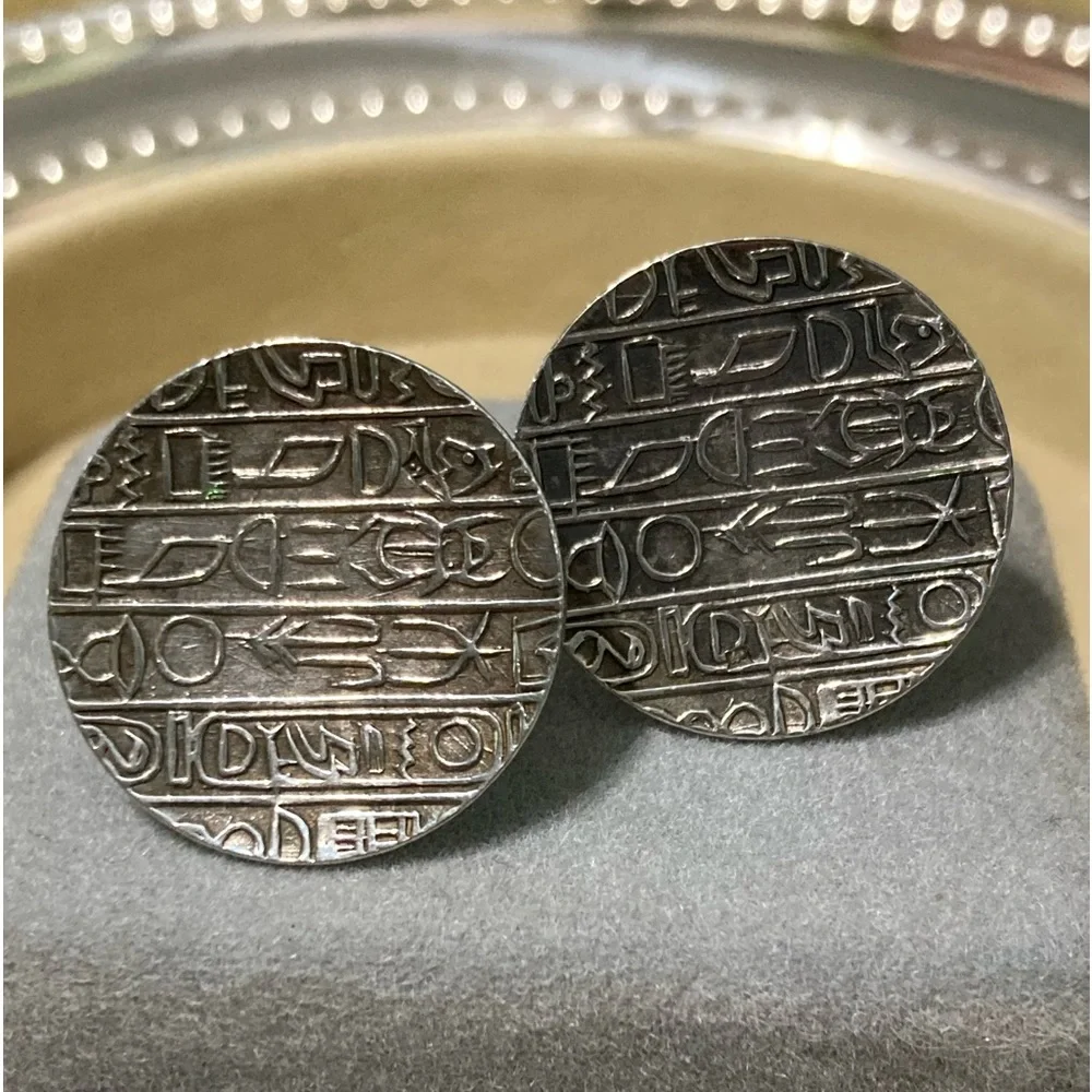 Vintage Egyptian Round Hieroglyphs Sterling cufflinks