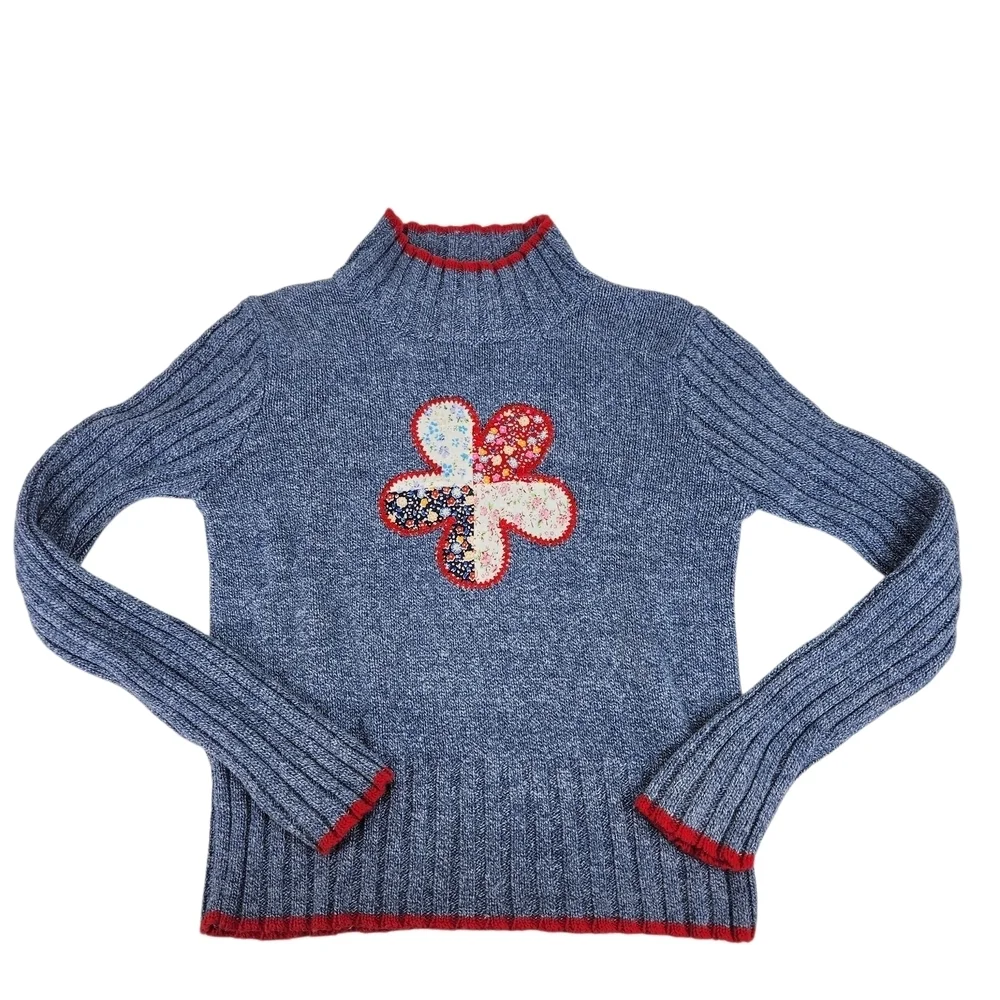 Knitty Gritty Girls Sweater Blue Mock Neck Medium Flower Patch Hippie Boho
