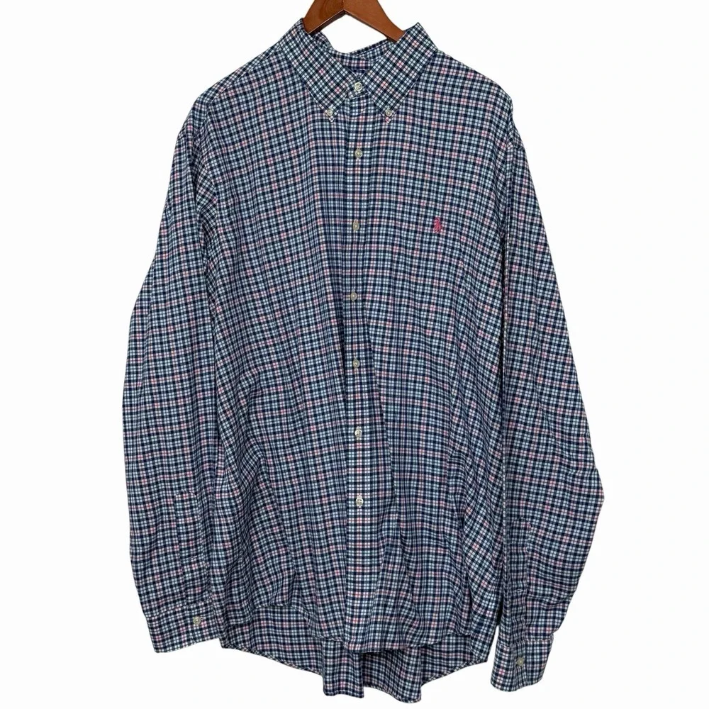 Polo Ralph Lauren Mens 2XL Plaid Pink Blue Classic Fit Oxford Button Down