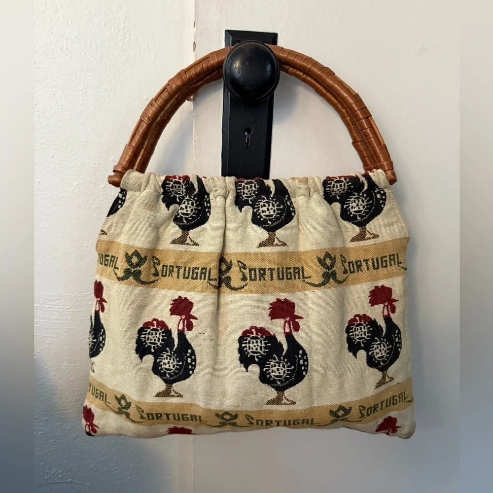 Vintage Portugal Rooster Fabric Woven Bamboo Top Handle Boho Bag