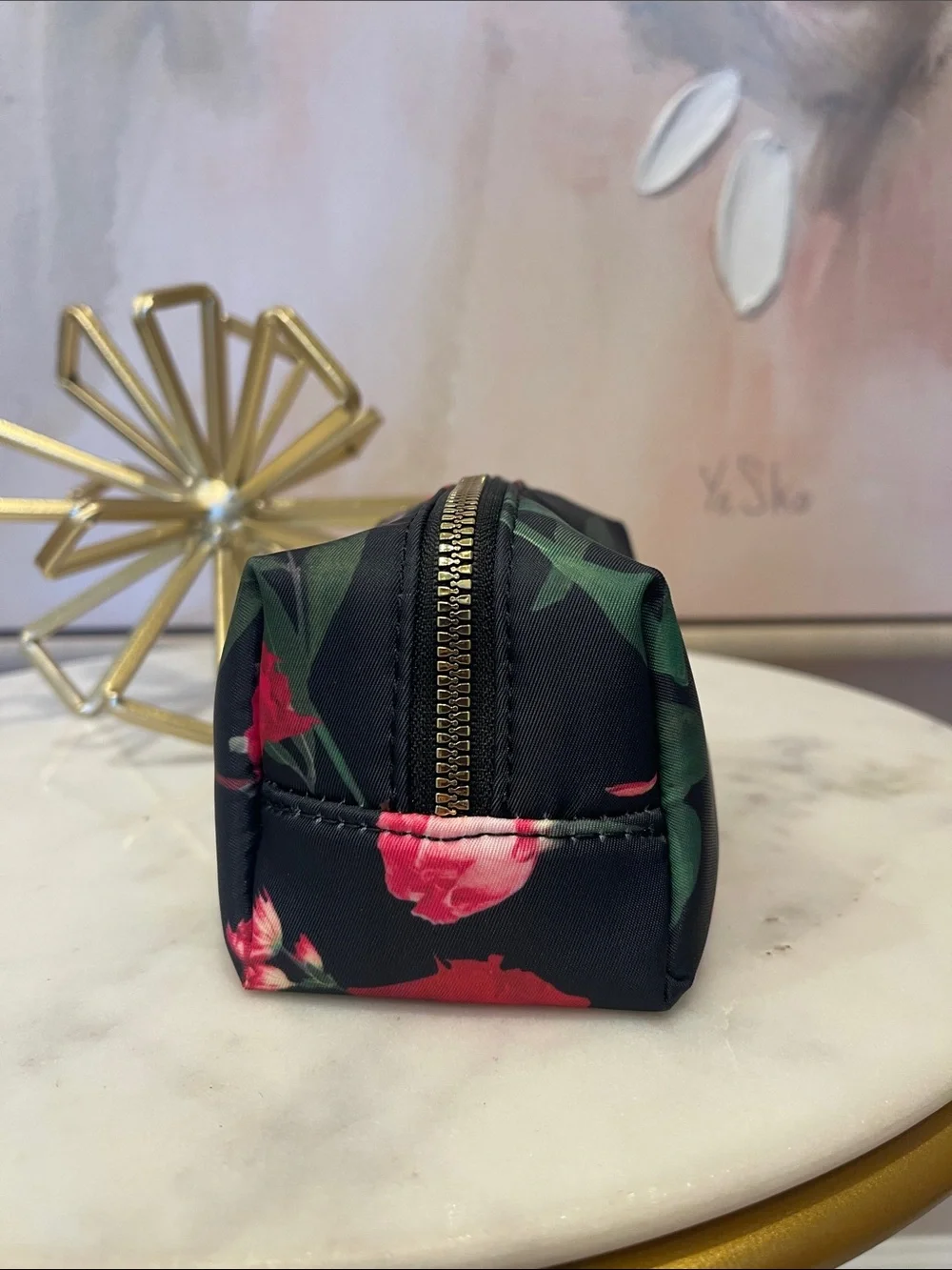 NWOT Ted Baker Black Floral Zip Cosmetic Case with Pink Flowers