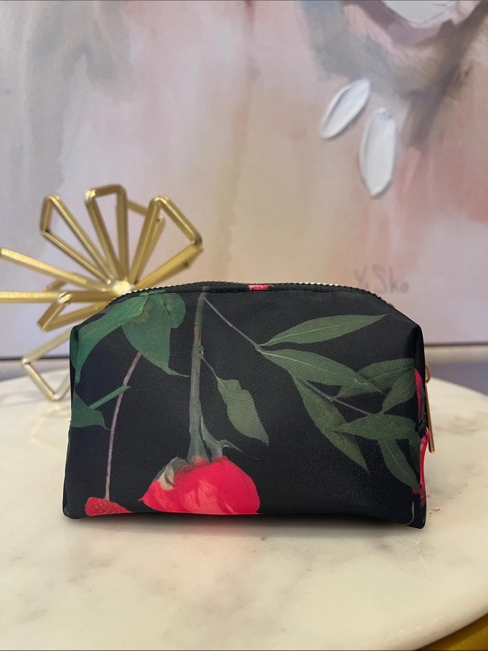 NWOT Ted Baker Black Floral Zip Cosmetic Case with Pink Flowers