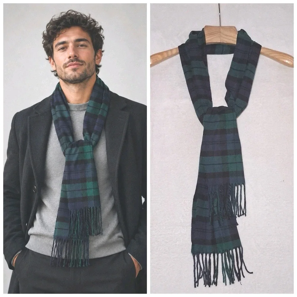 100% Cashmere Men's Scarf Green Blue Plaid Tartan Made in Scotland 65